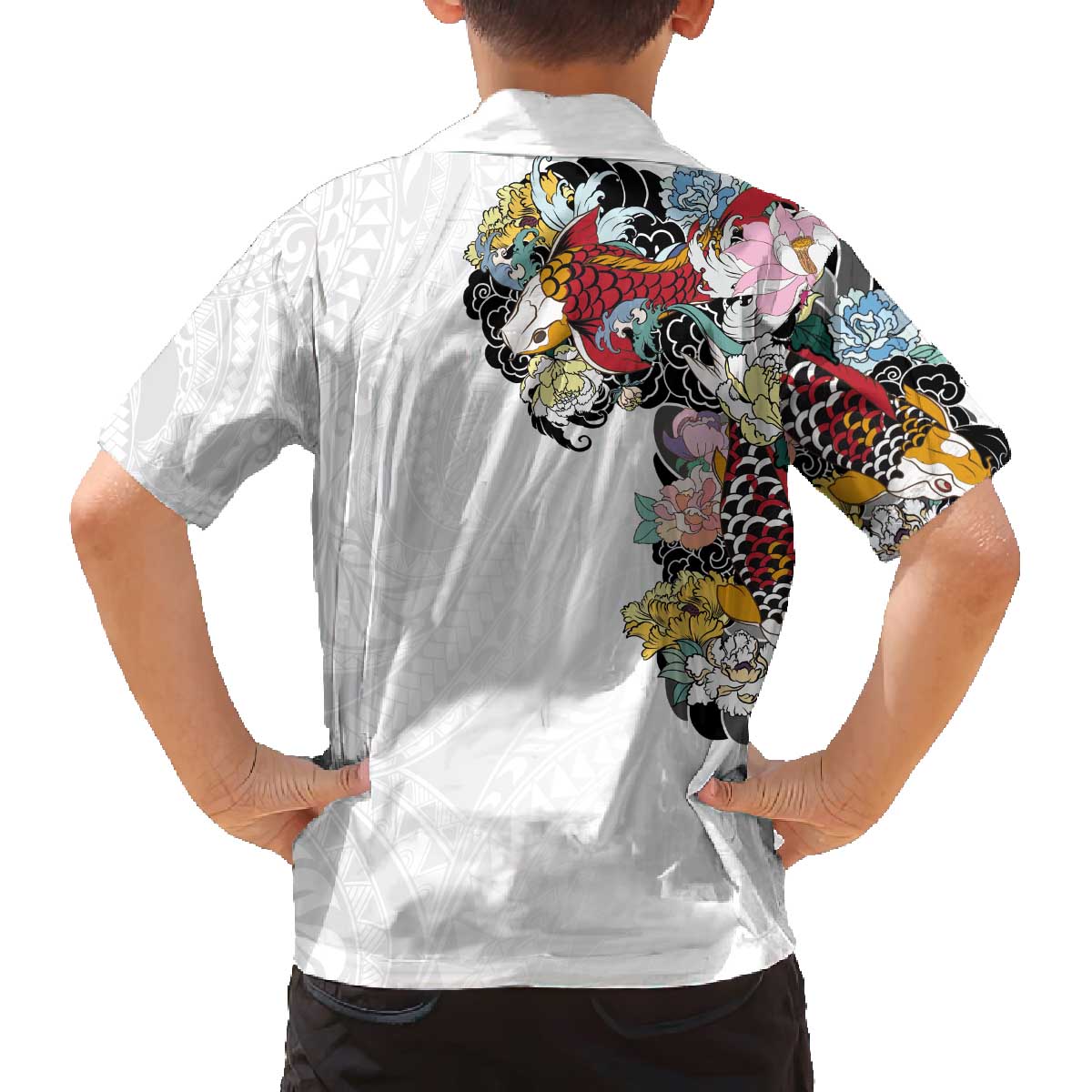 Hawaiian and Japanese Together Family Matching Puletasi and Hawaiian Shirt Colorful Traditional Japanese Tattoo and Kakau Pattern White Color LT03 - Polynesian Pride