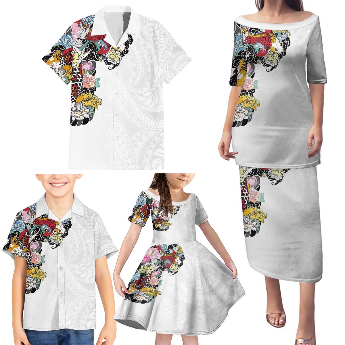 Hawaiian and Japanese Together Family Matching Puletasi and Hawaiian Shirt Colorful Traditional Japanese Tattoo and Kakau Pattern White Color LT03 - Polynesian Pride