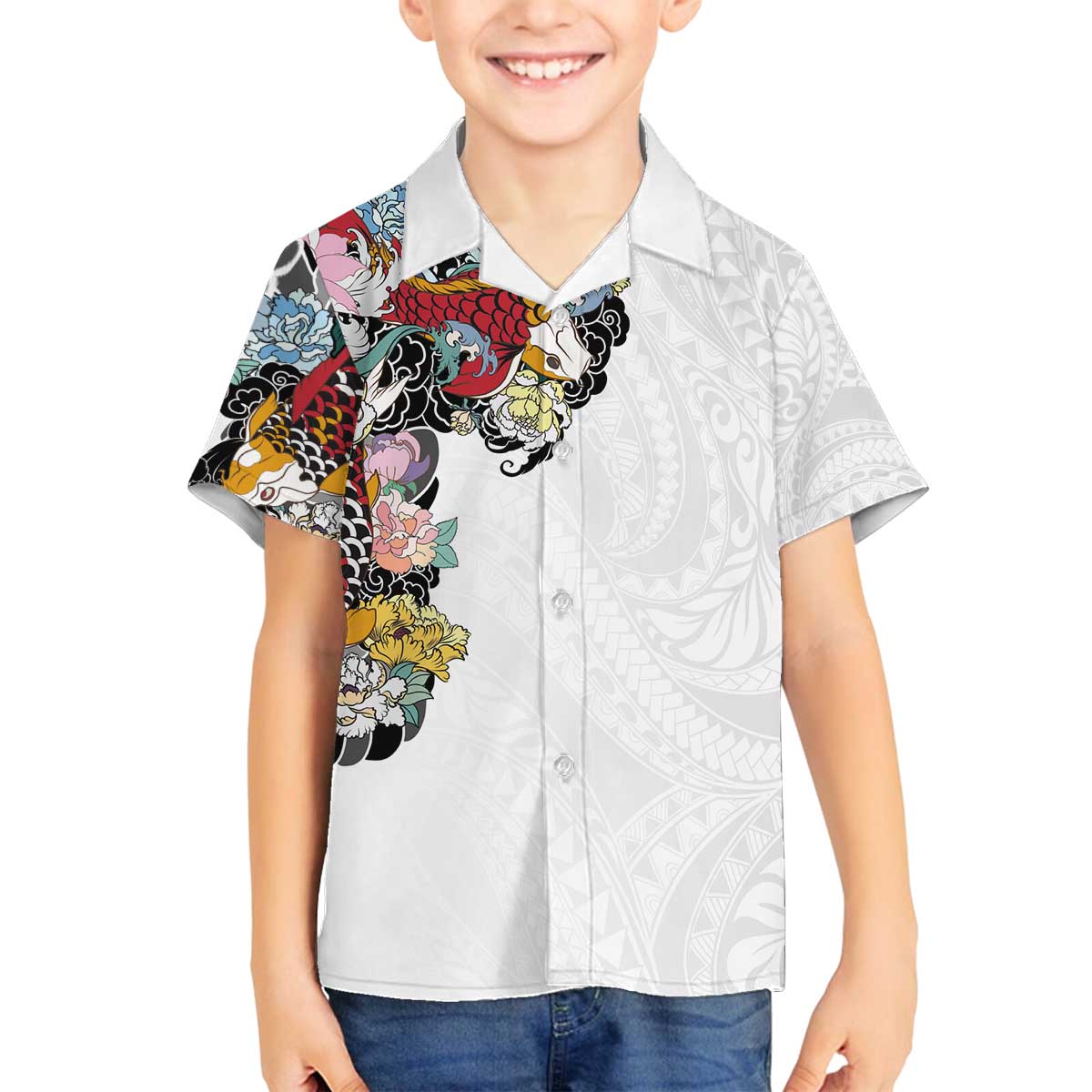 Hawaiian and Japanese Together Family Matching Puletasi and Hawaiian Shirt Colorful Traditional Japanese Tattoo and Kakau Pattern White Color LT03 Son's Shirt White - Polynesian Pride