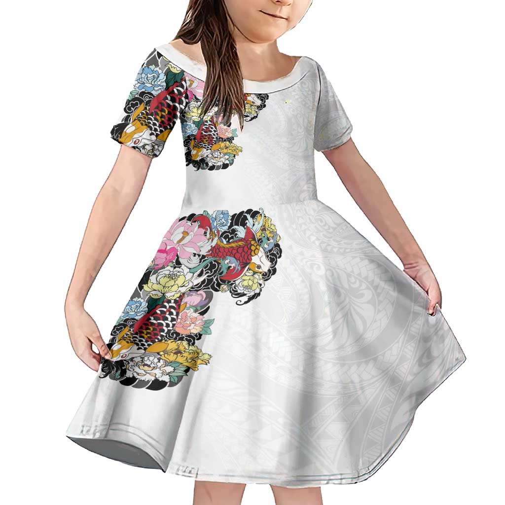 Hawaiian and Japanese Together Family Matching Short Sleeve Bodycon Dress and Hawaiian Shirt Colorful Traditional Japanese Tattoo and Kakau Pattern White Color LT03 Daughter's Dress White - Polynesian Pride