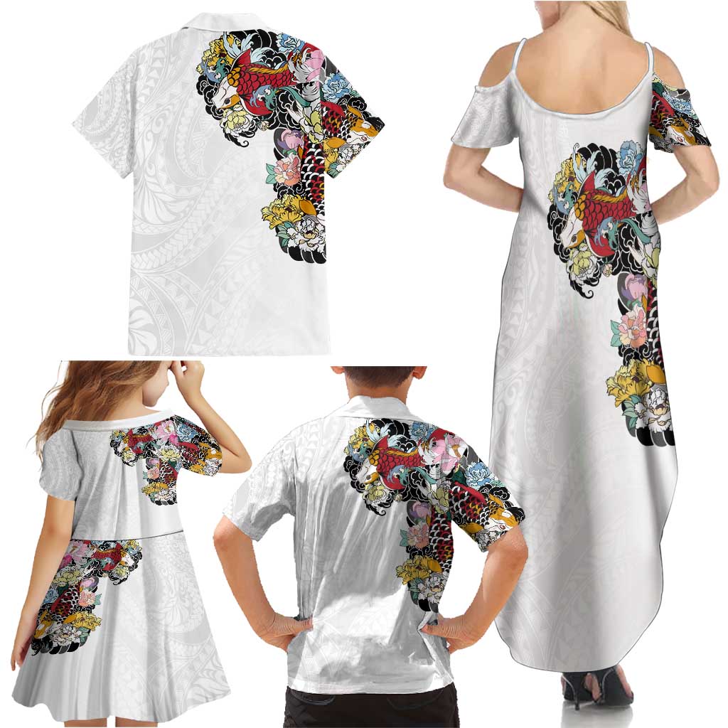 Hawaiian and Japanese Together Family Matching Summer Maxi Dress and Hawaiian Shirt Colorful Traditional Japanese Tattoo and Kakau Pattern White Color LT03 - Polynesian Pride