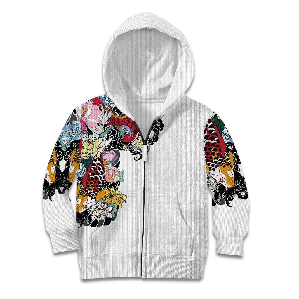Hawaiian and Japanese Together Kid Hoodie Colorful Traditional Japanese Tattoo and Kakau Pattern White Color LT03 Zip Hoodie White - Polynesian Pride