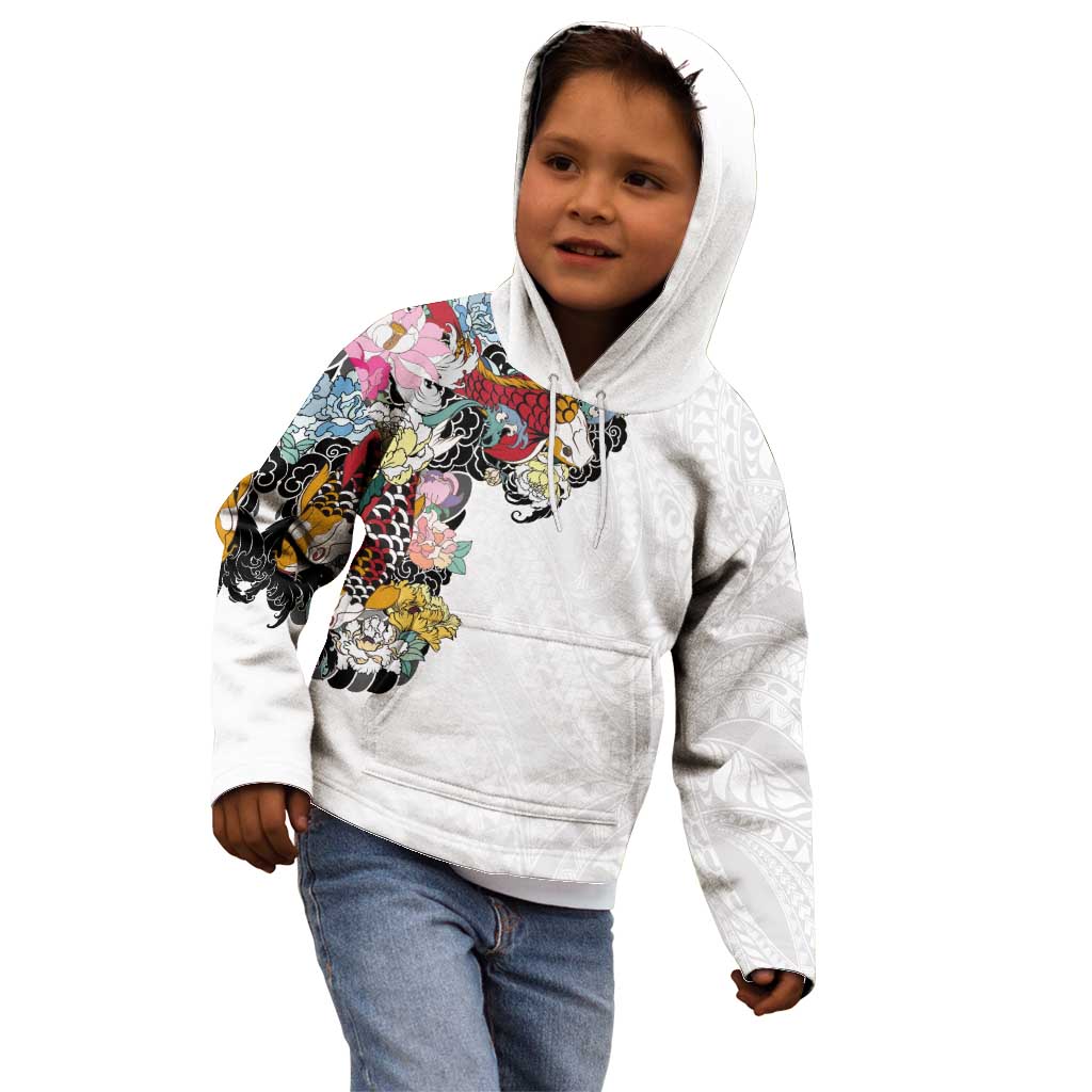 Hawaiian and Japanese Together Kid Hoodie Colorful Traditional Japanese Tattoo and Kakau Pattern White Color LT03 - Polynesian Pride