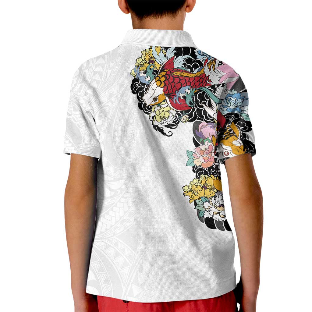 Hawaiian and Japanese Together Kid Polo Shirt Colorful Traditional Japanese Tattoo and Kakau Pattern White Color LT03 - Polynesian Pride