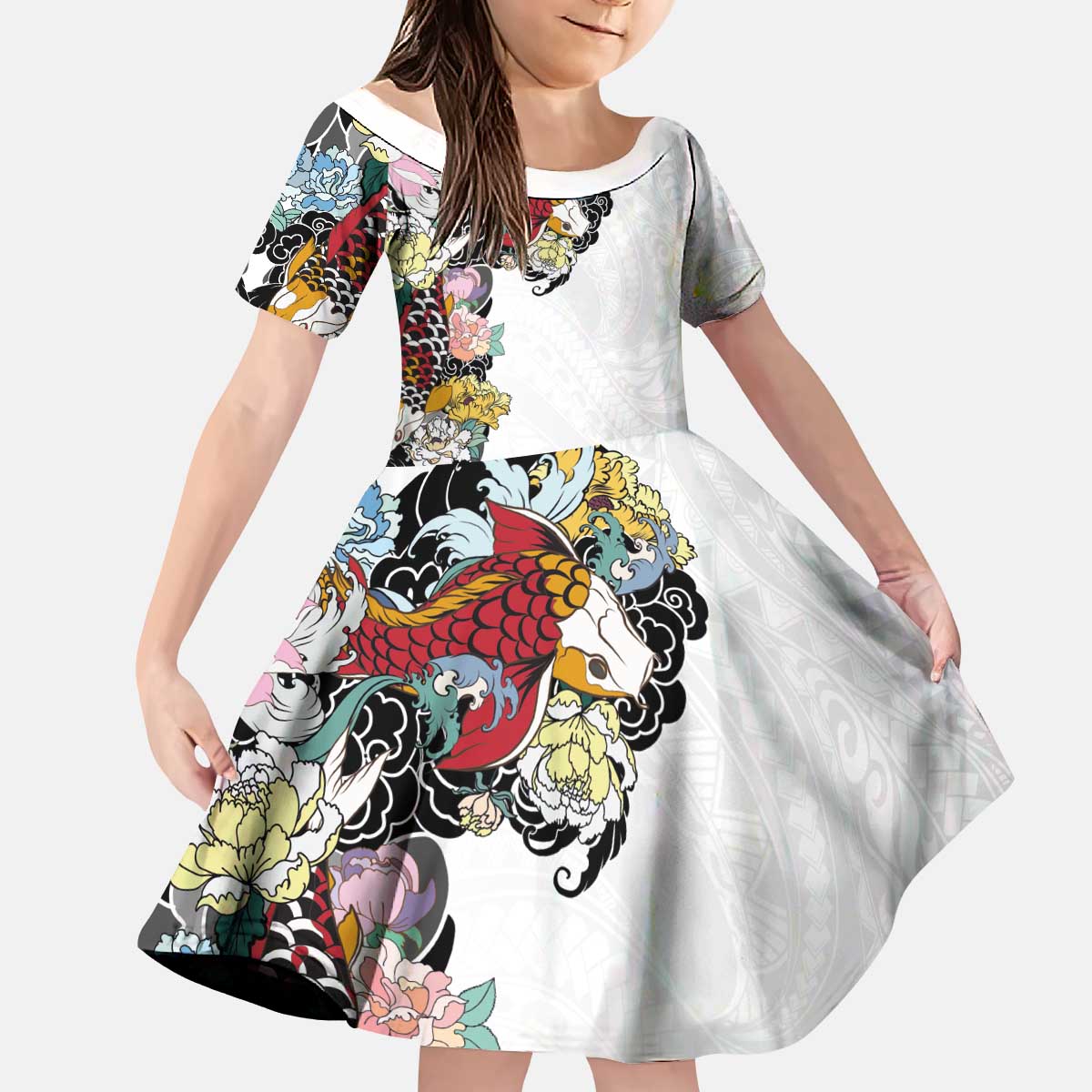 Hawaiian and Japanese Together Kid Short Sleeve Dress Colorful Traditional Japanese Tattoo and Kakau Pattern White Color LT03 KID White - Polynesian Pride