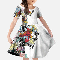 Hawaiian and Japanese Together Kid Short Sleeve Dress Colorful Traditional Japanese Tattoo and Kakau Pattern White Color LT03 KID White - Polynesian Pride