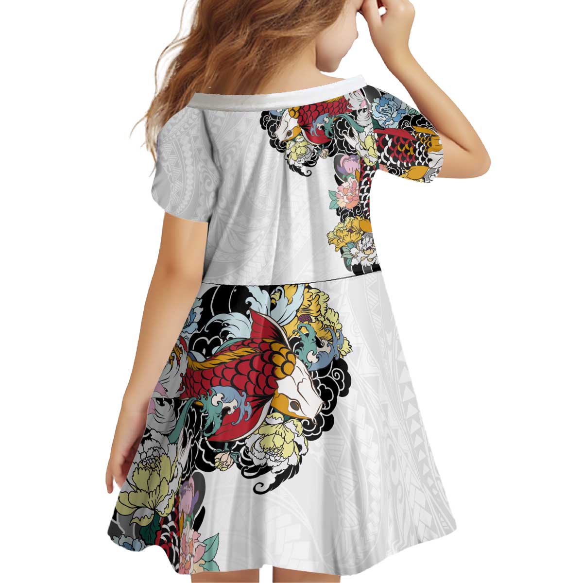 Hawaiian and Japanese Together Kid Short Sleeve Dress Colorful Traditional Japanese Tattoo and Kakau Pattern White Color LT03 - Polynesian Pride