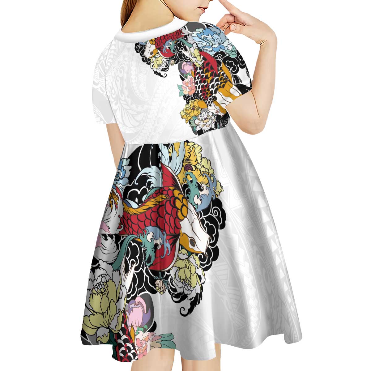 Hawaiian and Japanese Together Kid Short Sleeve Dress Colorful Traditional Japanese Tattoo and Kakau Pattern White Color LT03 - Polynesian Pride