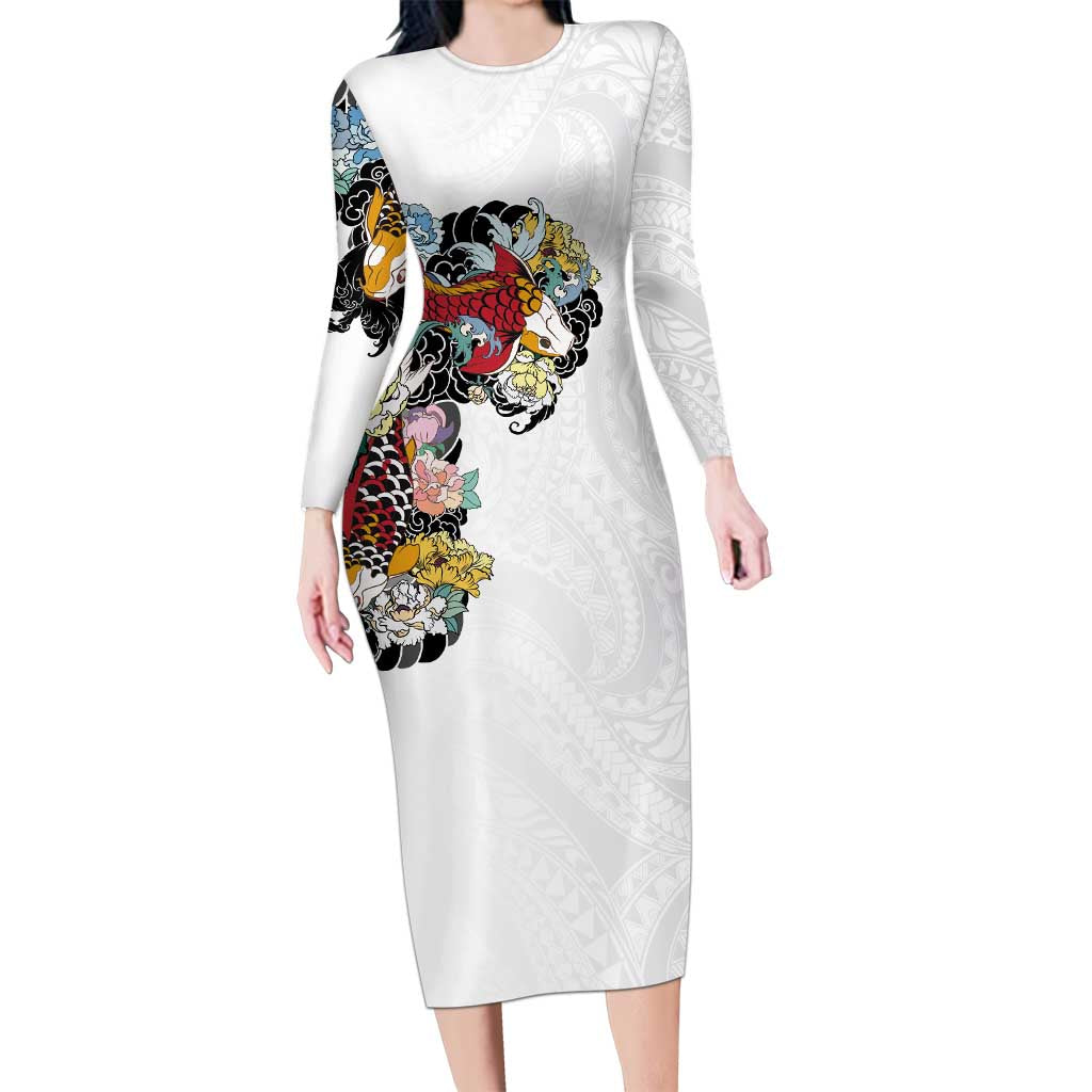 Hawaiian and Japanese Together Long Sleeve Bodycon Dress Colorful Traditional Japanese Tattoo and Kakau Pattern White Color LT03 Long Dress White - Polynesian Pride