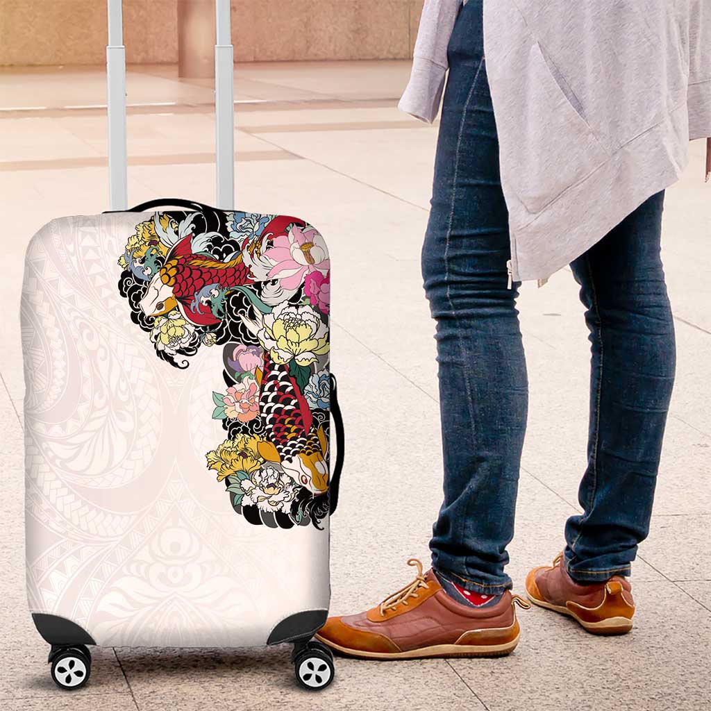 Hawaiian and Japanese Together Luggage Cover Colorful Traditional Japanese Tattoo and Kakau Pattern White Color LT03 White - Polynesian Pride