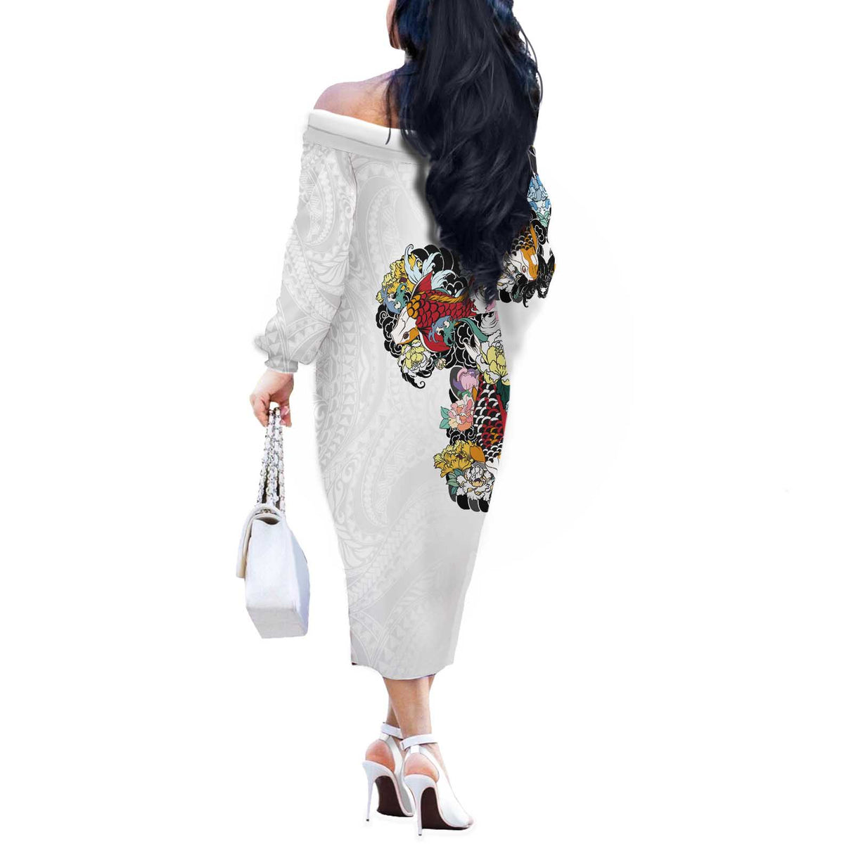 Hawaiian and Japanese Together Off The Shoulder Long Sleeve Dress Colorful Traditional Japanese Tattoo and Kakau Pattern White Color LT03 - Polynesian Pride