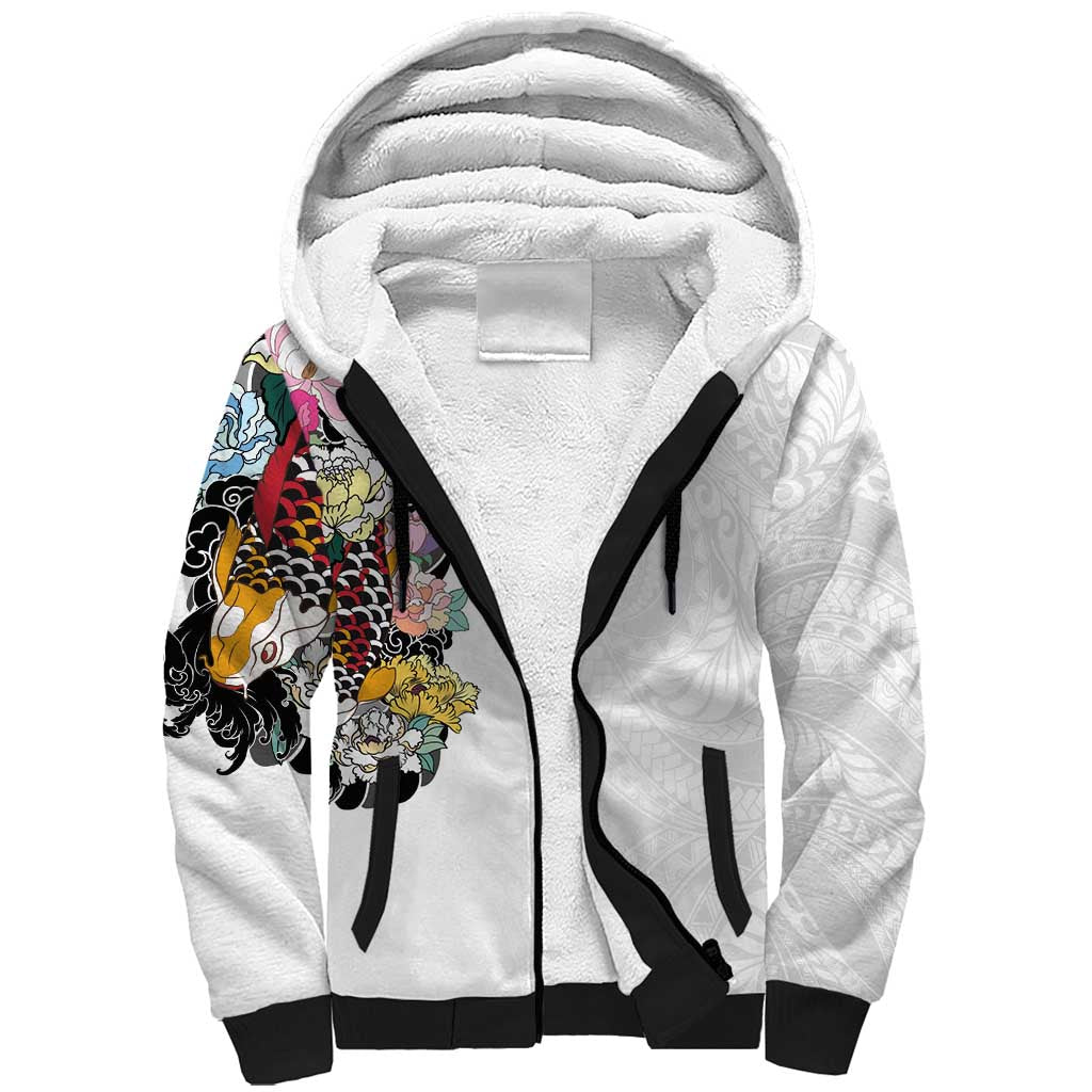 Hawaiian and Japanese Together Sherpa Hoodie Colorful Traditional Japanese Tattoo and Kakau Pattern White Color LT03 Unisex White - Polynesian Pride