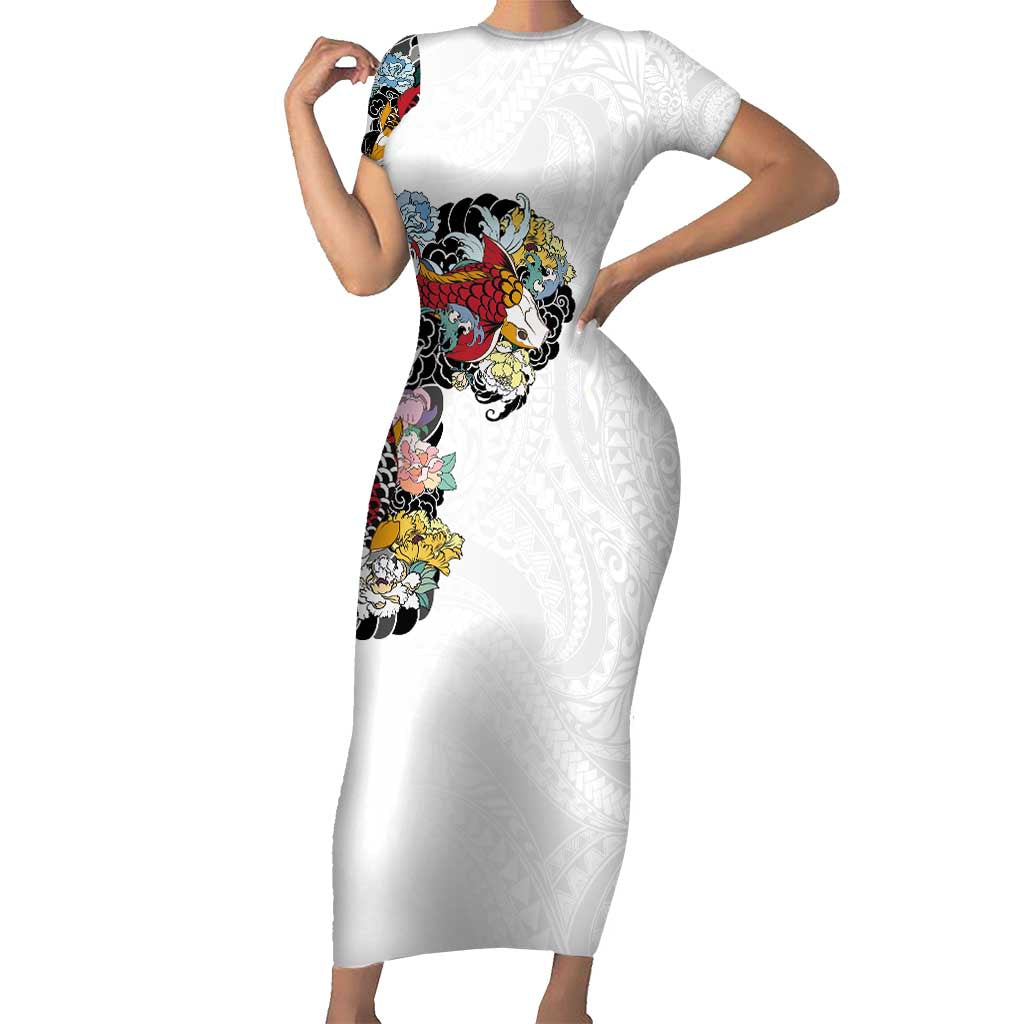 Hawaiian and Japanese Together Short Sleeve Bodycon Dress Colorful Traditional Japanese Tattoo and Kakau Pattern White Color LT03 Long Dress White - Polynesian Pride
