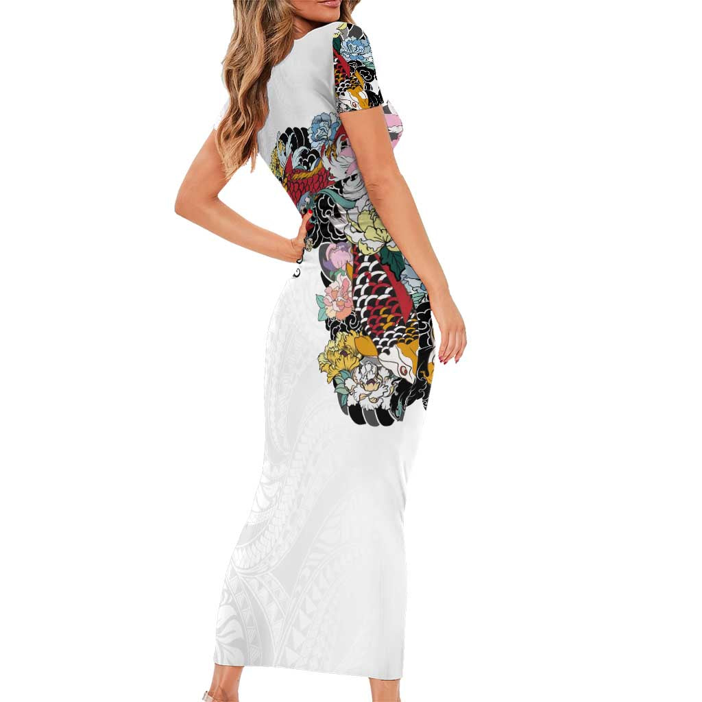 Hawaiian and Japanese Together Short Sleeve Bodycon Dress Colorful Traditional Japanese Tattoo and Kakau Pattern White Color LT03 - Polynesian Pride