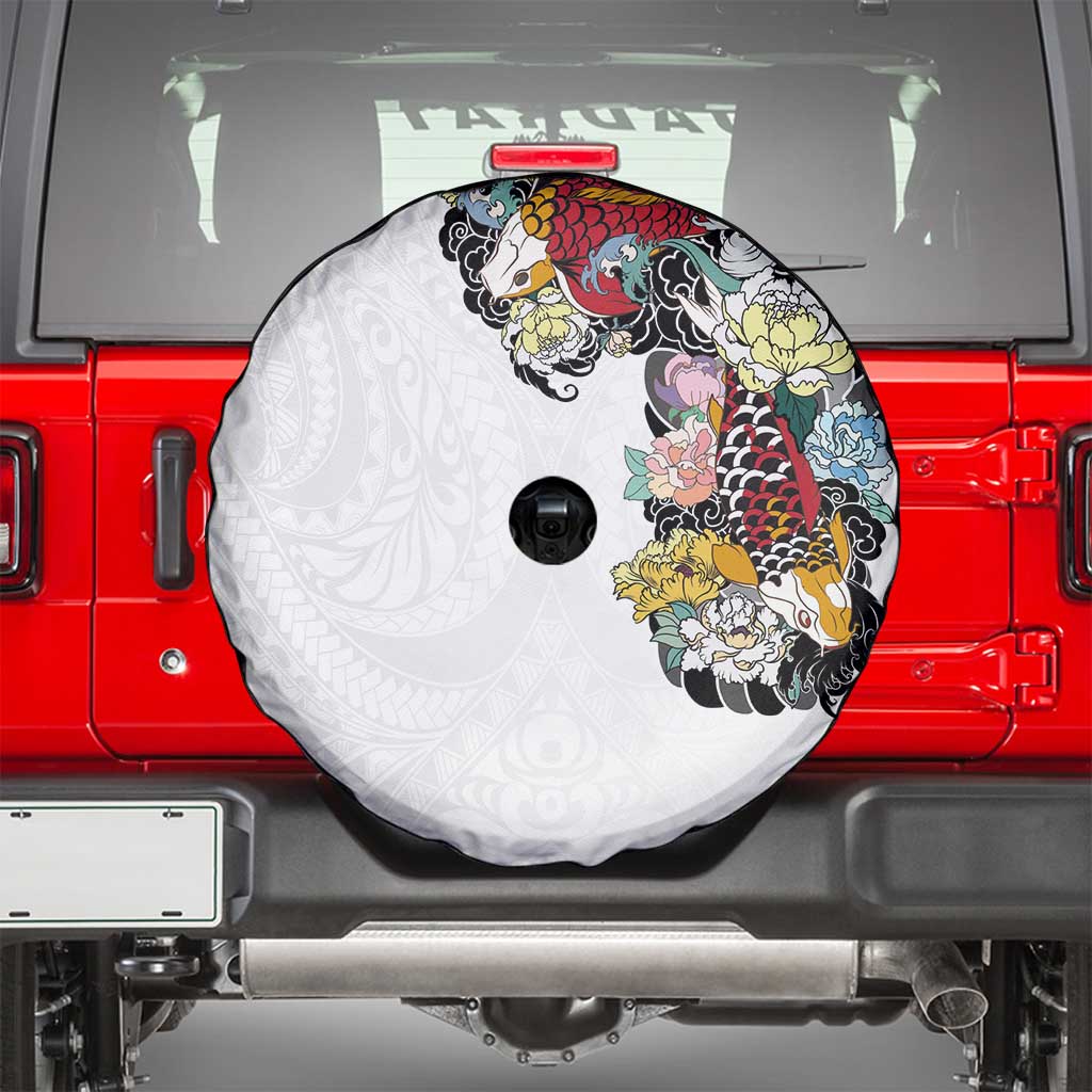 Hawaiian and Japanese Together Spare Tire Cover Colorful Traditional Japanese Tattoo and Kakau Pattern White Color LT03 - Polynesian Pride