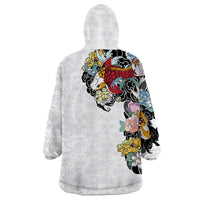 Hawaiian and Japanese Together Wearable Blanket Hoodie Colorful Traditional Japanese Tattoo and Kakau Pattern White Color LT03 - Polynesian Pride