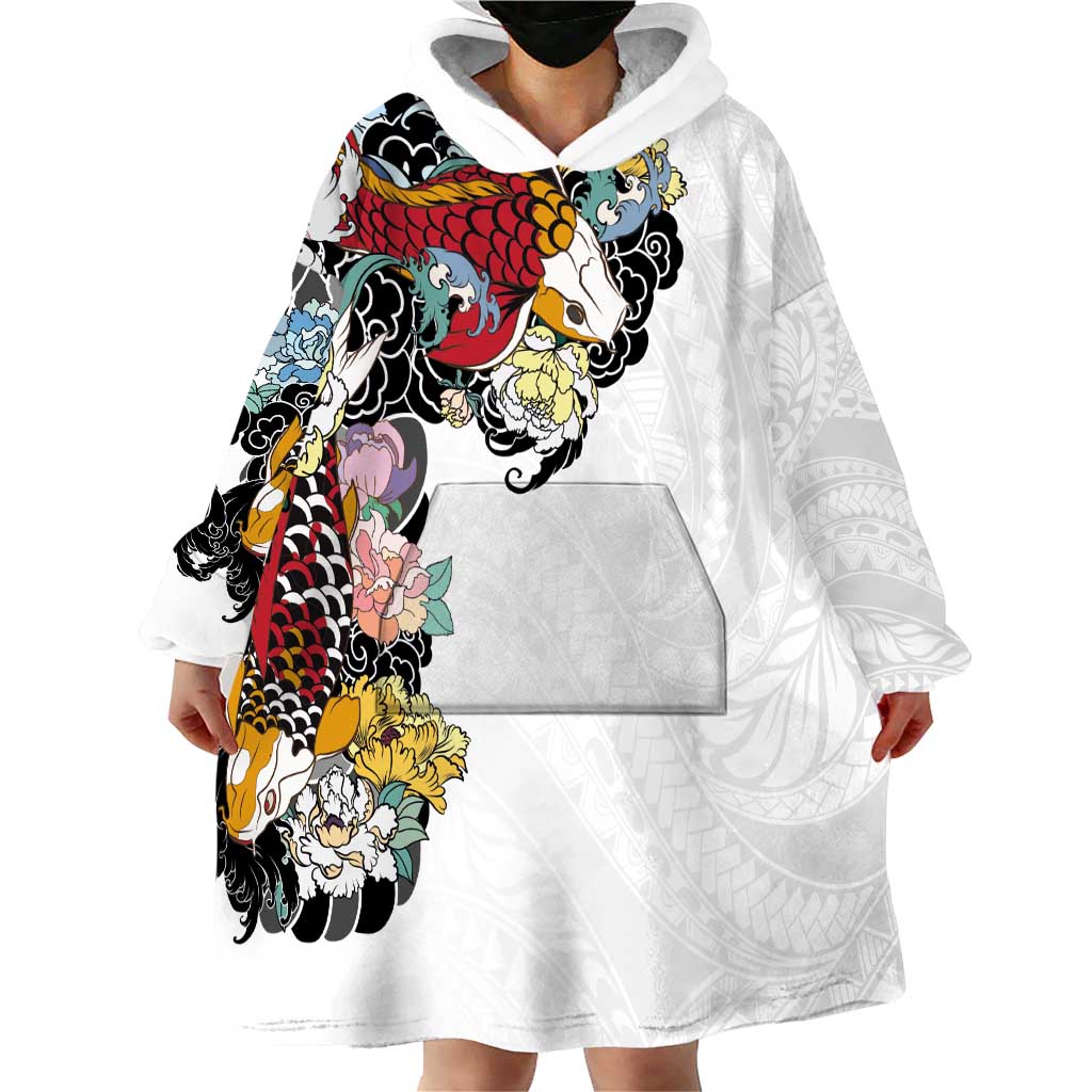Hawaiian and Japanese Together Wearable Blanket Hoodie Colorful Traditional Japanese Tattoo and Kakau Pattern White Color LT03 - Polynesian Pride