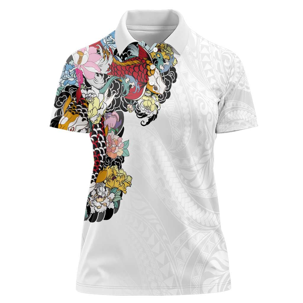 Hawaiian and Japanese Together Women Polo Shirt Colorful Traditional Japanese Tattoo and Kakau Pattern White Color LT03 Female White - Polynesian Pride