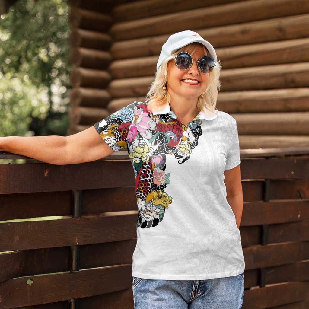 Hawaiian and Japanese Together Women Polo Shirt Colorful Traditional Japanese Tattoo and Kakau Pattern White Color LT03 - Polynesian Pride