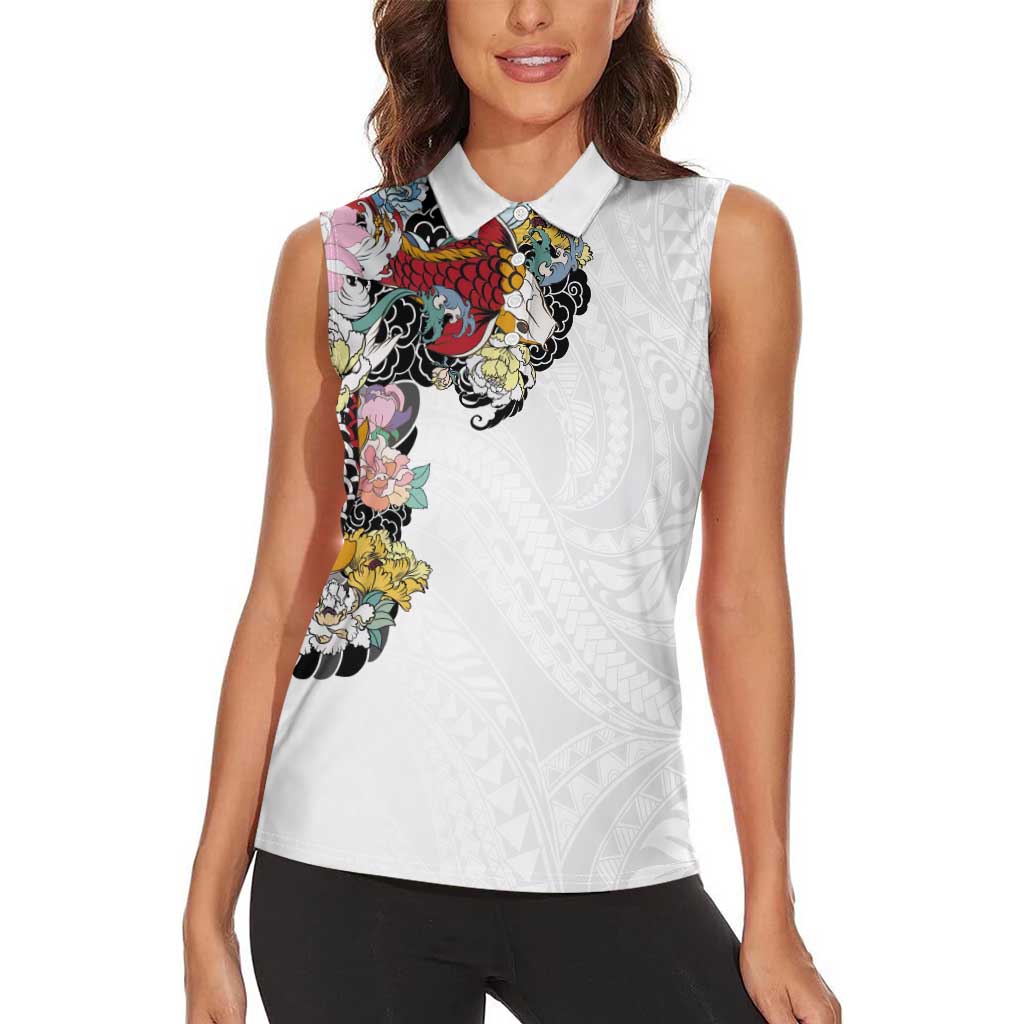 Hawaiian and Japanese Together Women Sleeveless Polo Shirt Colorful Traditional Japanese Tattoo and Kakau Pattern White Color LT03 - Polynesian Pride