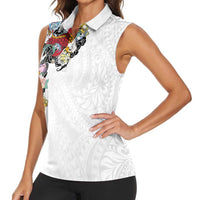 Hawaiian and Japanese Together Women Sleeveless Polo Shirt Colorful Traditional Japanese Tattoo and Kakau Pattern White Color LT03 - Polynesian Pride