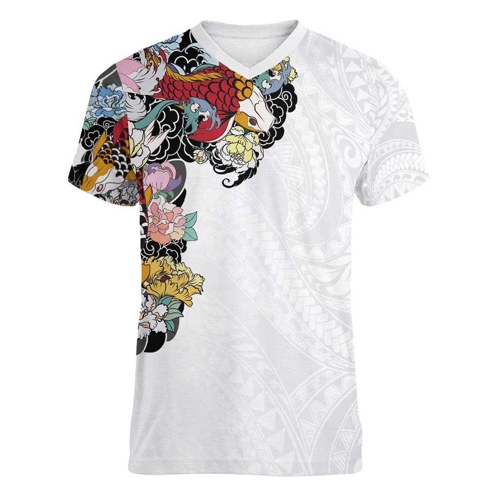 Hawaiian and Japanese Together Women V-Neck T-Shirt Colorful Traditional Japanese Tattoo and Kakau Pattern White Color