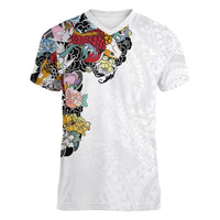 Hawaiian and Japanese Together Women V-Neck T-Shirt Colorful Traditional Japanese Tattoo and Kakau Pattern White Color