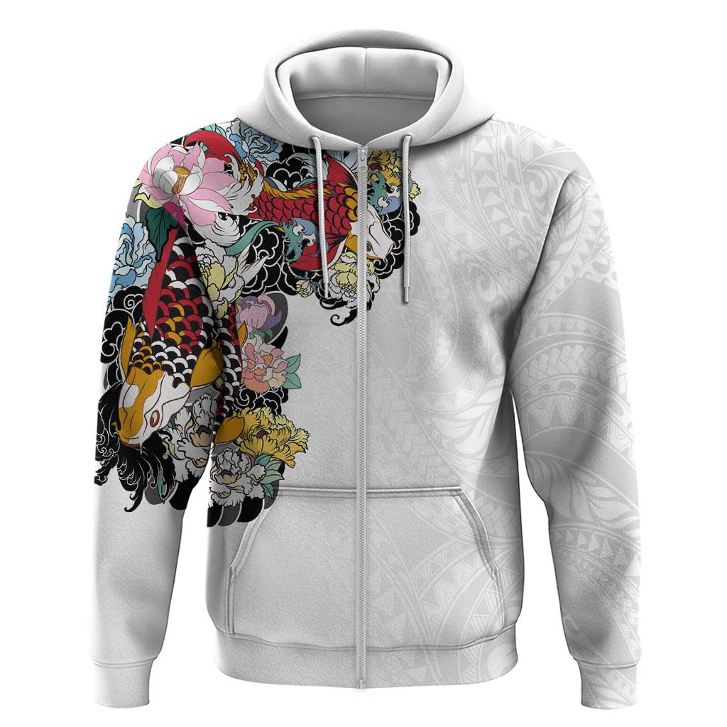 Hawaiian and Japanese Together Zip Hoodie Colorful Traditional Japanese Tattoo and Kakau Pattern White Color LT03 Zip Hoodie White - Polynesian Pride