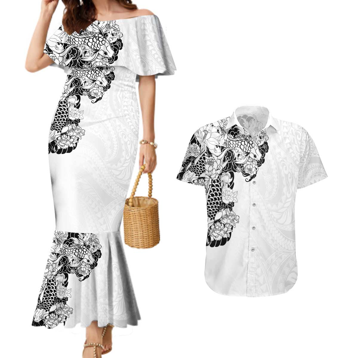 Hawaiian and Japanese Together Couples Matching Mermaid Dress and Hawaiian Shirt Japanese Koi Fish Tattoo and Kakau Pattern White Color LT03 White - Polynesian Pride