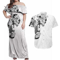 Hawaiian and Japanese Together Couples Matching Off Shoulder Maxi Dress and Hawaiian Shirt Japanese Koi Fish Tattoo and Kakau Pattern White Color LT03 White - Polynesian Pride