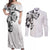 Hawaiian and Japanese Together Couples Matching Off Shoulder Maxi Dress and Long Sleeve Button Shirt Japanese Koi Fish Tattoo and Kakau Pattern White Color