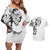 Hawaiian and Japanese Together Couples Matching Off Shoulder Short Dress and Hawaiian Shirt Japanese Koi Fish Tattoo and Kakau Pattern White Color