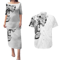 Hawaiian and Japanese Together Couples Matching Puletasi and Hawaiian Shirt Japanese Koi Fish Tattoo and Kakau Pattern White Color