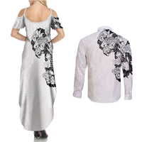 Hawaiian and Japanese Together Couples Matching Summer Maxi Dress and Long Sleeve Button Shirt Japanese Koi Fish Tattoo and Kakau Pattern White Color
