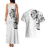 Hawaiian and Japanese Together Couples Matching Tank Maxi Dress and Hawaiian Shirt Japanese Koi Fish Tattoo and Kakau Pattern White Color
