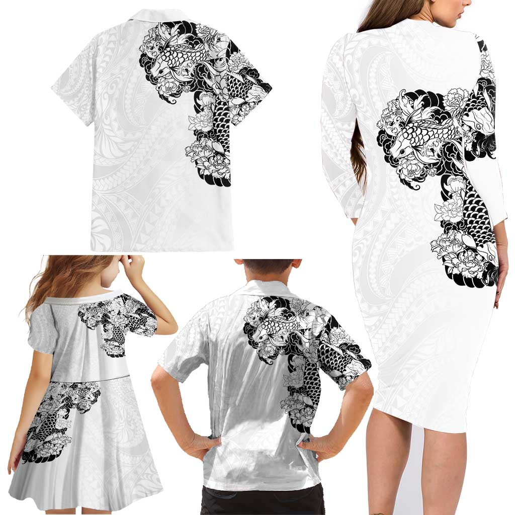 Hawaiian and Japanese Together Family Matching Long Sleeve Bodycon Dress and Hawaiian Shirt Japanese Koi Fish Tattoo and Kakau Pattern White Color LT03 - Polynesian Pride