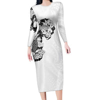 Hawaiian and Japanese Together Family Matching Long Sleeve Bodycon Dress and Hawaiian Shirt Japanese Koi Fish Tattoo and Kakau Pattern White Color LT03 Mom's Dress White - Polynesian Pride