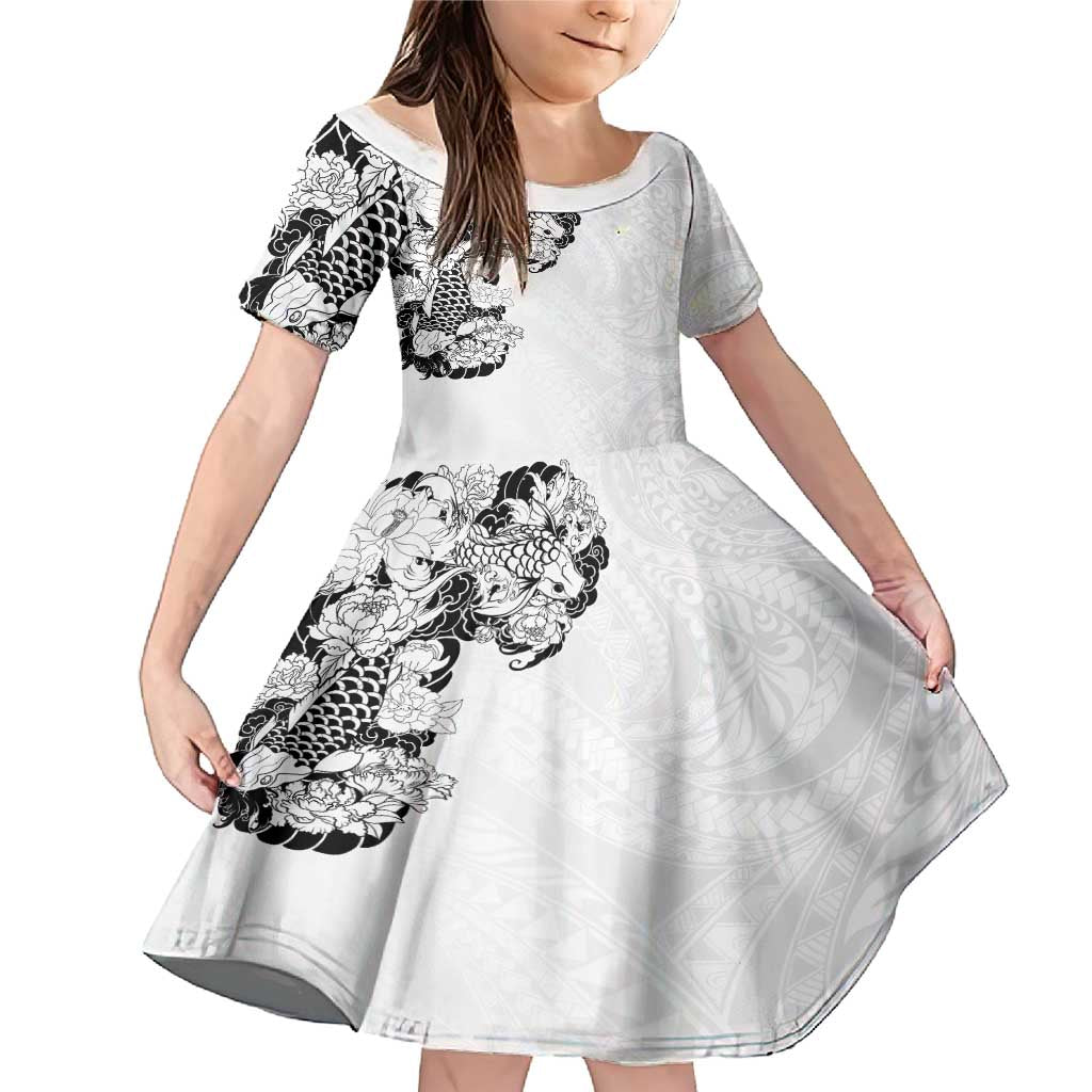 Hawaiian and Japanese Together Family Matching Mermaid Dress and Hawaiian Shirt Japanese Koi Fish Tattoo and Kakau Pattern White Color LT03 Daughter's Dress White - Polynesian Pride