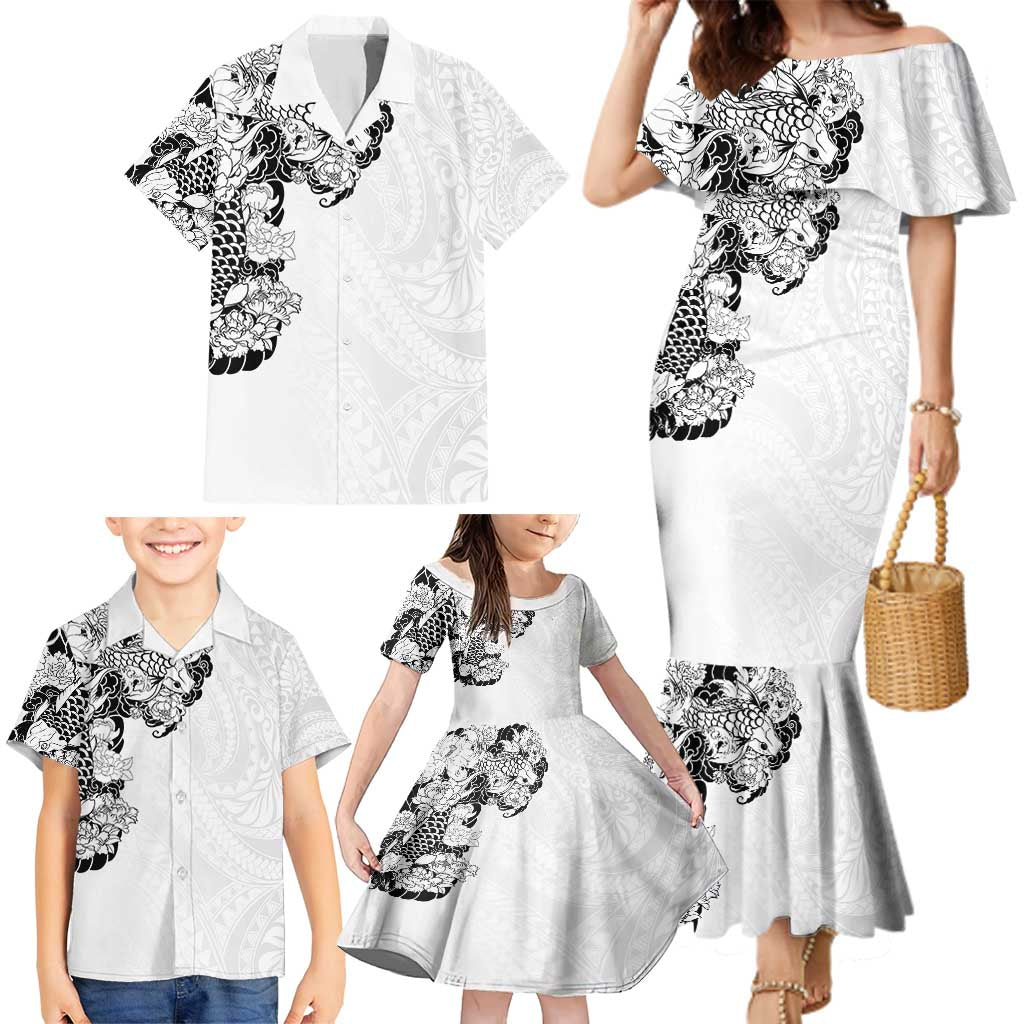 Hawaiian and Japanese Together Family Matching Mermaid Dress and Hawaiian Shirt Japanese Koi Fish Tattoo and Kakau Pattern White Color LT03 - Polynesian Pride