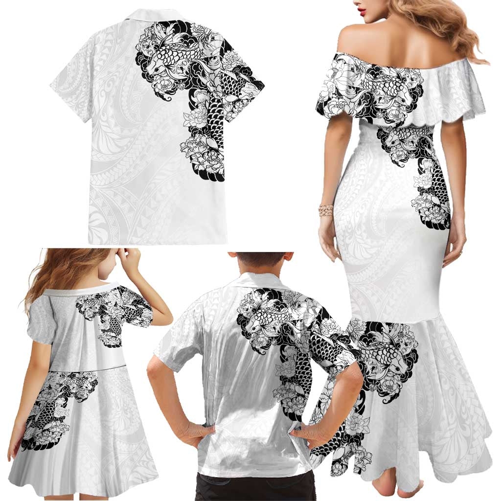 Hawaiian and Japanese Together Family Matching Mermaid Dress and Hawaiian Shirt Japanese Koi Fish Tattoo and Kakau Pattern White Color LT03 - Polynesian Pride