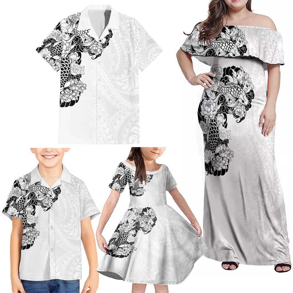 Hawaiian and Japanese Together Family Matching Off Shoulder Maxi Dress and Hawaiian Shirt Japanese Koi Fish Tattoo and Kakau Pattern White Color LT03 - Polynesian Pride