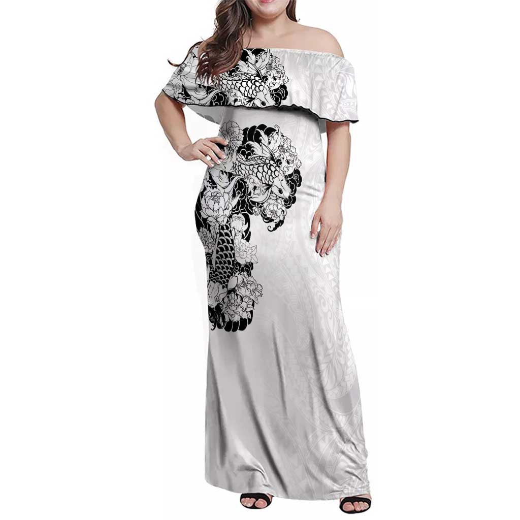 Hawaiian and Japanese Together Family Matching Off Shoulder Maxi Dress and Hawaiian Shirt Japanese Koi Fish Tattoo and Kakau Pattern White Color LT03 Mom's Dress White - Polynesian Pride