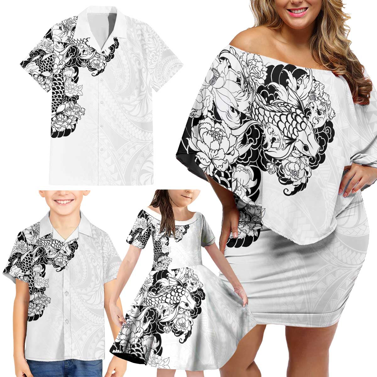 Hawaiian and Japanese Together Family Matching Off Shoulder Short Dress and Hawaiian Shirt Japanese Koi Fish Tattoo and Kakau Pattern White Color LT03 - Polynesian Pride