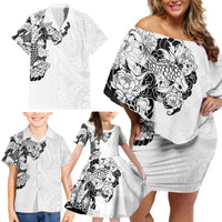 Hawaiian and Japanese Together Family Matching Off Shoulder Short Dress and Hawaiian Shirt Japanese Koi Fish Tattoo and Kakau Pattern White Color LT03 - Polynesian Pride