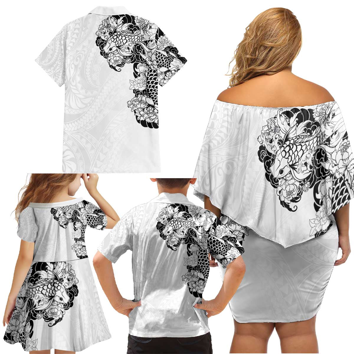 Hawaiian and Japanese Together Family Matching Off Shoulder Short Dress and Hawaiian Shirt Japanese Koi Fish Tattoo and Kakau Pattern White Color LT03 - Polynesian Pride