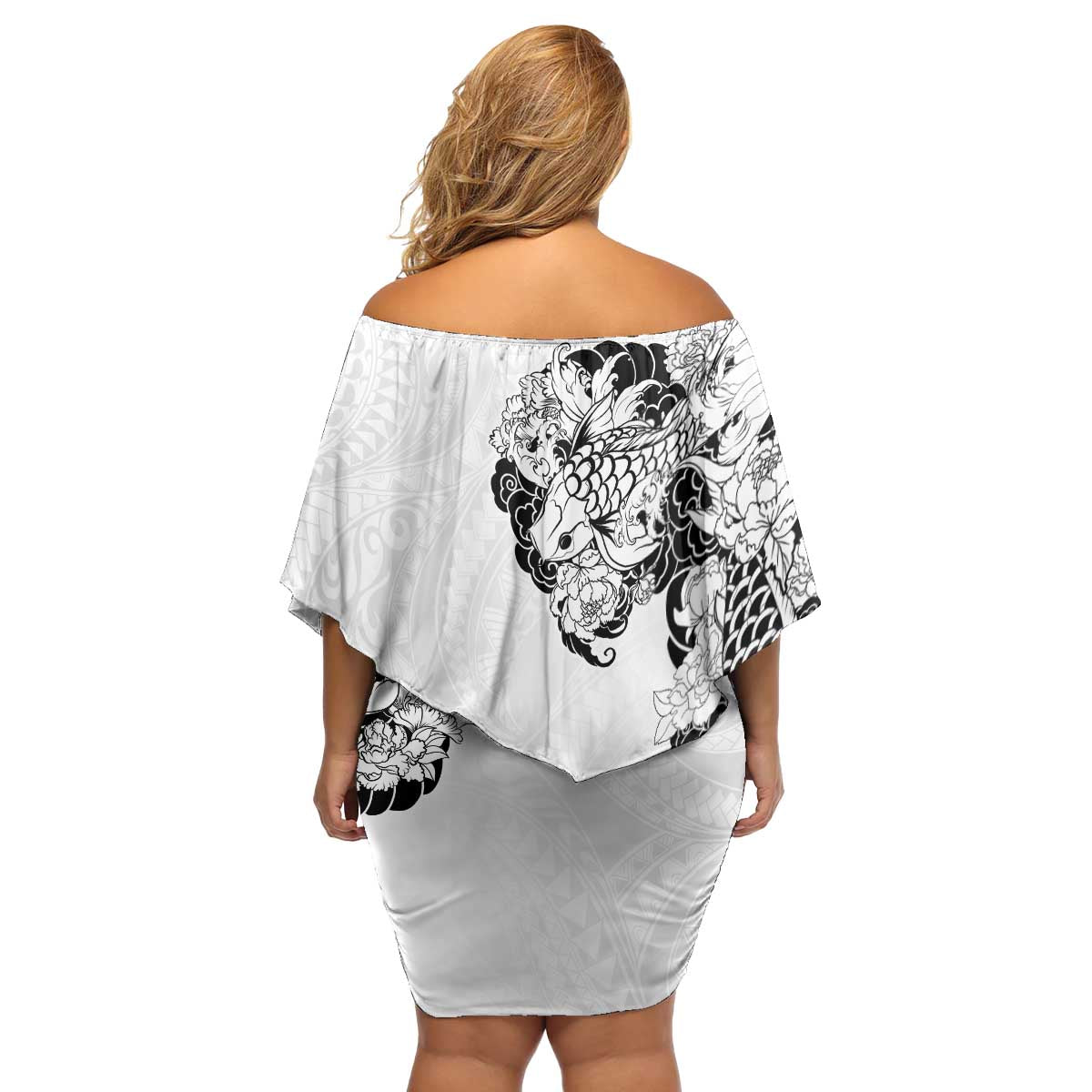 Hawaiian and Japanese Together Family Matching Off Shoulder Short Dress and Hawaiian Shirt Japanese Koi Fish Tattoo and Kakau Pattern White Color LT03 - Polynesian Pride