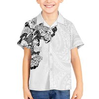Hawaiian and Japanese Together Family Matching Off Shoulder Short Dress and Hawaiian Shirt Japanese Koi Fish Tattoo and Kakau Pattern White Color LT03 Son's Shirt White - Polynesian Pride