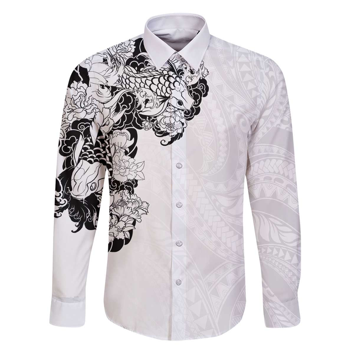 Hawaiian and Japanese Together Family Matching Puletasi and Hawaiian Shirt Japanese Koi Fish Tattoo and Kakau Pattern White Color LT03 Dad's Shirt - Long Sleeve White - Polynesian Pride