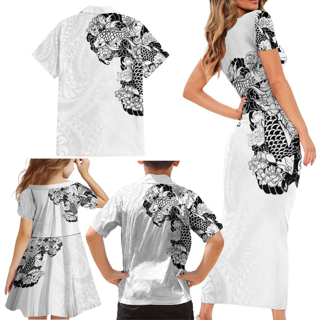 Hawaiian and Japanese Together Family Matching Short Sleeve Bodycon Dress and Hawaiian Shirt Japanese Koi Fish Tattoo and Kakau Pattern White Color LT03 - Polynesian Pride