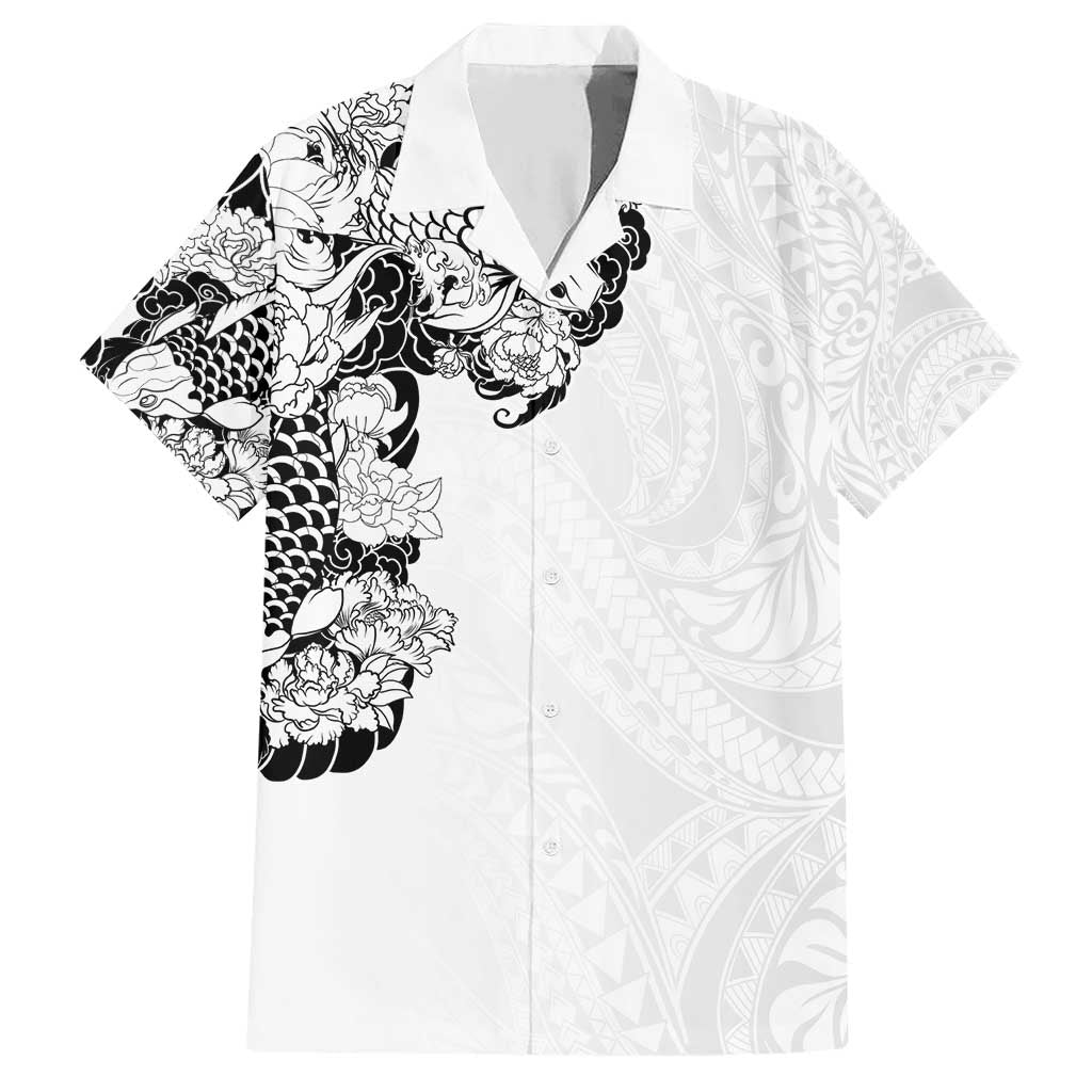 Hawaiian and Japanese Together Family Matching Short Sleeve Bodycon Dress and Hawaiian Shirt Japanese Koi Fish Tattoo and Kakau Pattern White Color LT03 Dad's Shirt - Short Sleeve White - Polynesian Pride